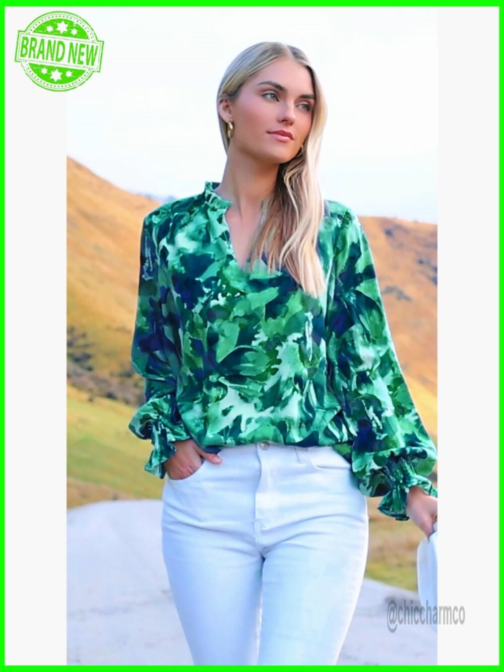 V Neck Floral Long Sleeve Puff Sleeve Chiffon Blouse Dressy Work Top - Picture 6 of 7
